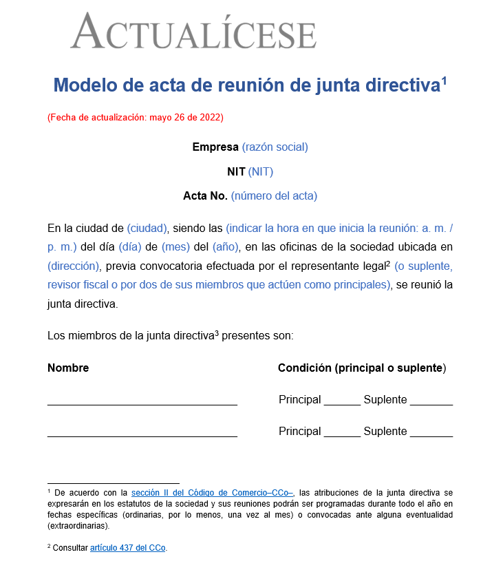 Modelo de acta de reunión de junta directiva