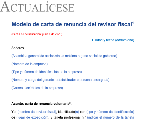 Modelo de carta de renuncia del revisor fiscal