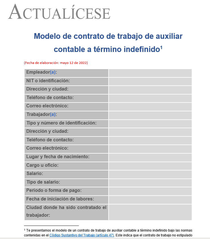 Modelo de contrato de trabajo de auxiliar contable a término indefinido