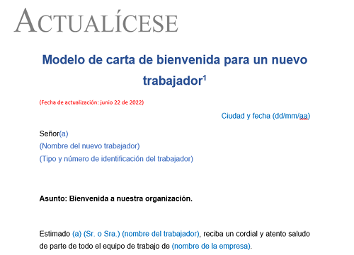 Carta de bienvenida para un nuevo trabajador