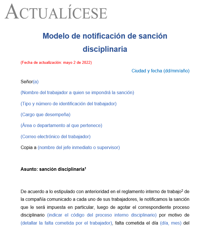 Modelo de notificación de sanción disciplinaria a trabajador