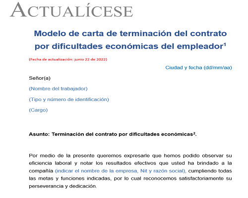 Carta de terminación del contrato por dificultades económicas del empleador