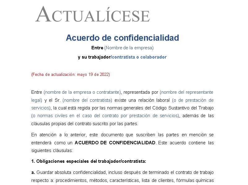 Formato de acuerdo de confidencialidad