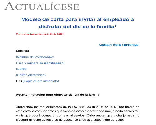 Carta para invitar al empleado a disfrutar del día de la familia