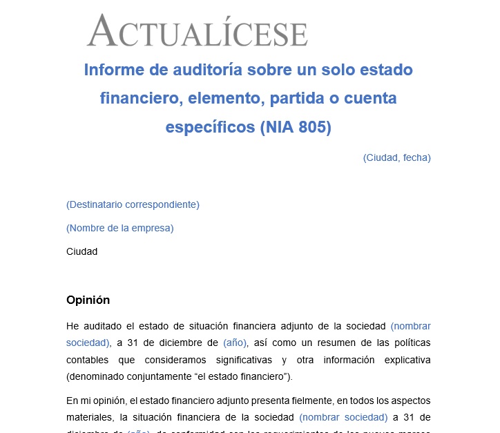 Informe de auditoría sobre un solo estado financiero, elemento, partida o cuenta específicos