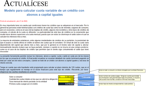 Modelo para calcular cuota variable de un crédito con abonos a capital iguales