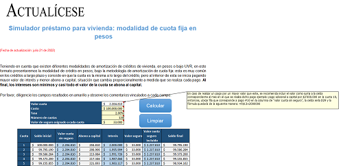 Simulador de préstamo para vivienda: modalidad de cuota fija en pesos