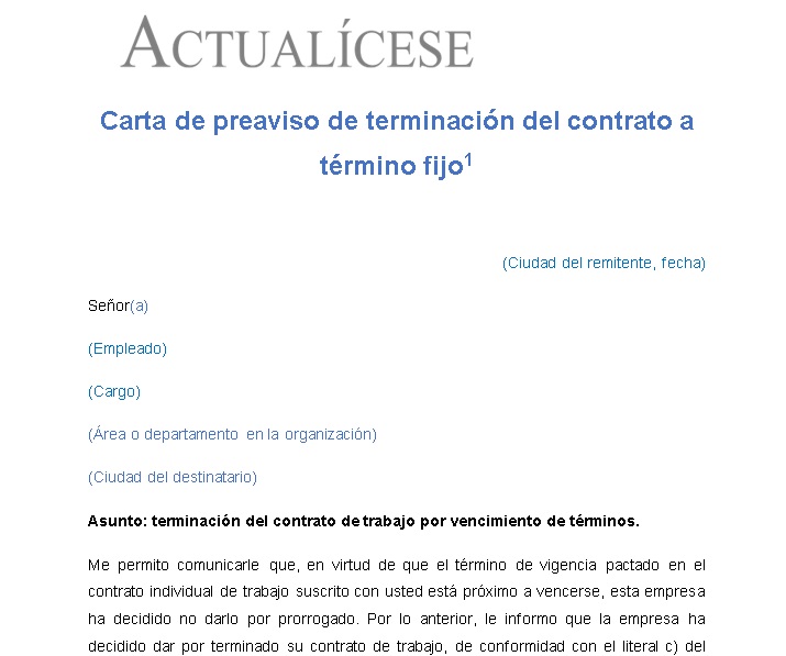 Carta de preaviso de terminación del contrato a término fijo