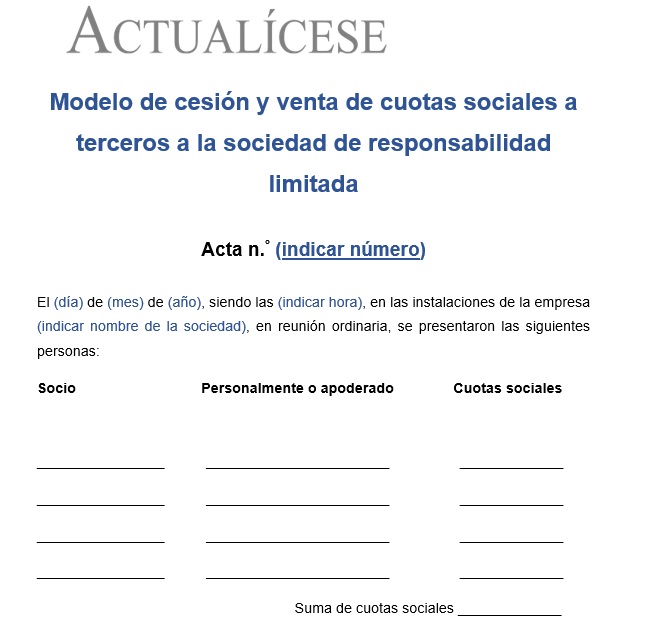 Modelo de acta de cesión y venta de cuotas sociales a terceros a la sociedad de responsabilidad limitada