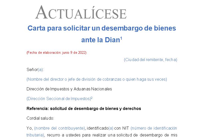 Carta de solicitud de desembargo de bienes ante la Dian