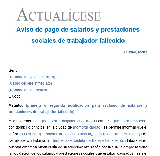 Aviso de pago de salarios y prestaciones sociales de trabajador fallecido