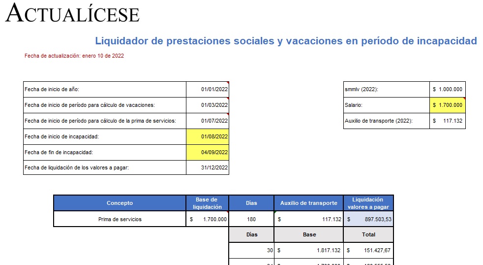 Liquidador de prestaciones sociales en período de incapacidad