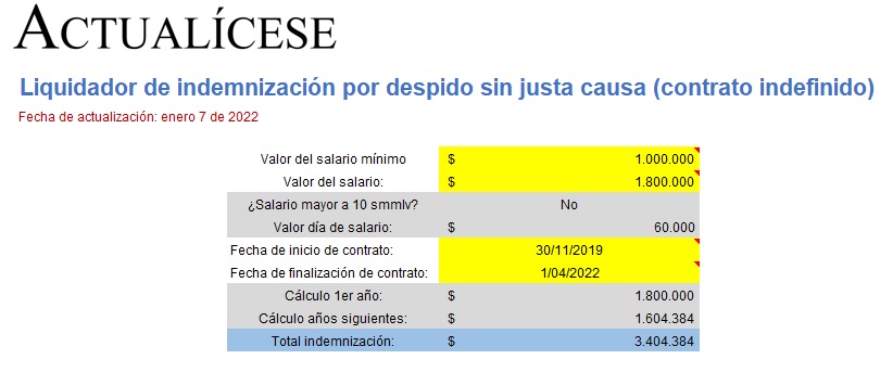 Liquidador de indemnización por despido sin justa causa (contrato indefinido)