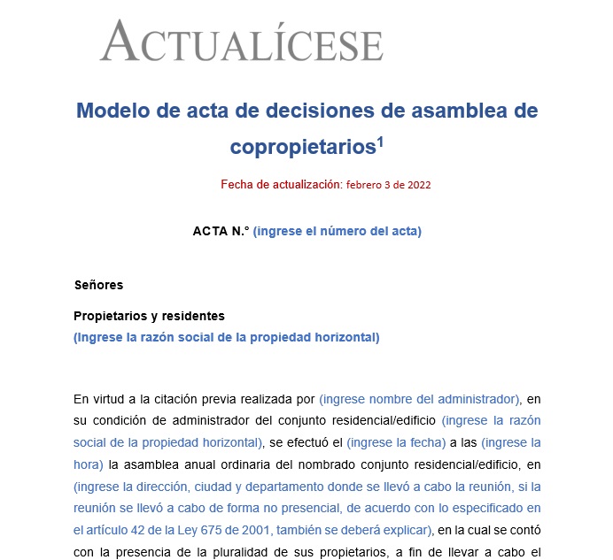 Modelo de acta de decisiones de asamblea de copropietarios