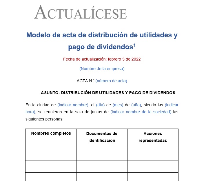 Modelo de acta de distribución de utilidades y pago de dividendos