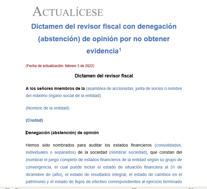 Dictamen del revisor fiscal con denegación (abstención) de opinión por no obtener evidencia