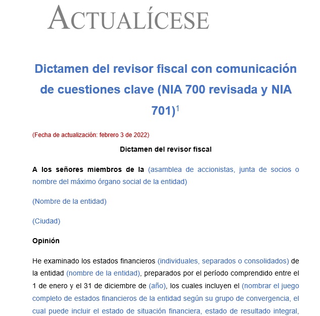 Dictamen del revisor fiscal con comunicación de cuestiones clave (NIA 700 revisada y NIA 701)