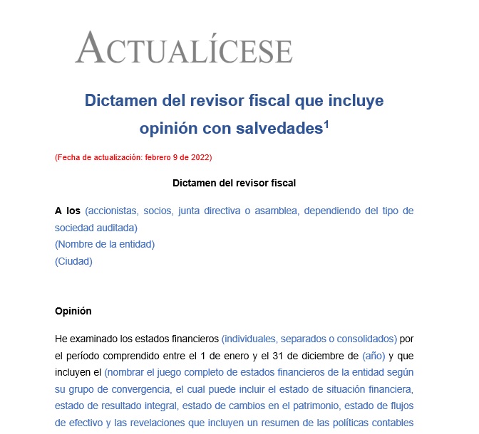 Dictamen del revisor fiscal que incluye opinión con salvedades