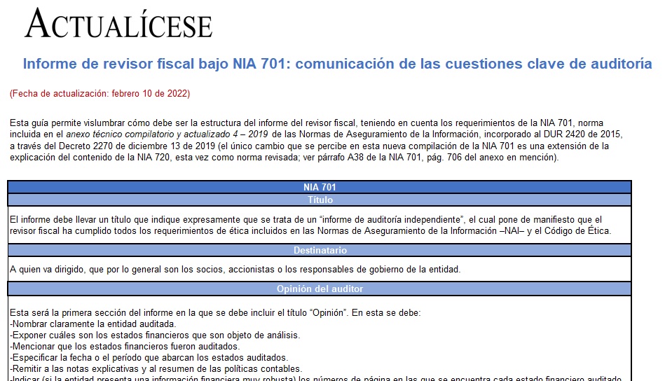 Guía: estructura del informe del revisor fiscal bajo NIA 701 (cuestiones clave de auditoría)