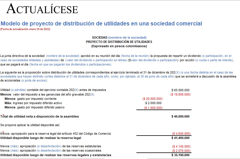 Modelo de proyecto de distribución de utilidades en una sociedad comercial