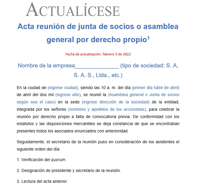 Acta de reunión de junta de socios o asamblea por derecho propio