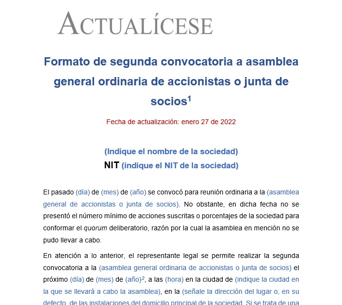 Modelo de segunda convocatoria a asamblea general ordinaria de accionistas o junta de socios