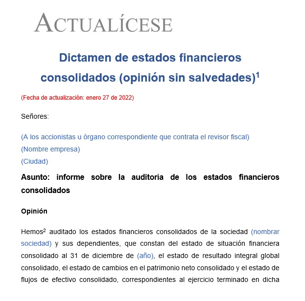 Dictamen de estados financieros consolidados (opinión sin salvedades)