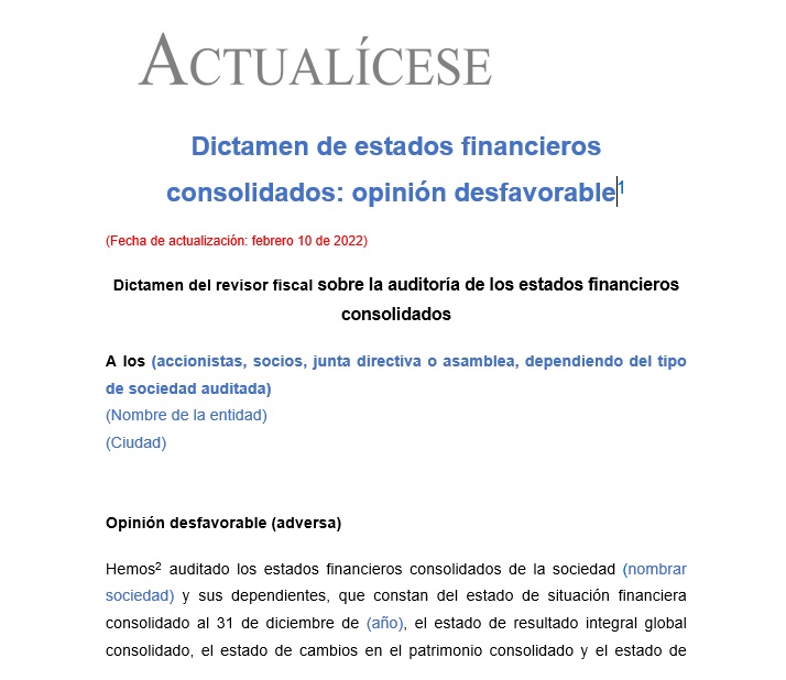 Dictamen de estados financieros consolidados: opinión desfavorable por incorrección material