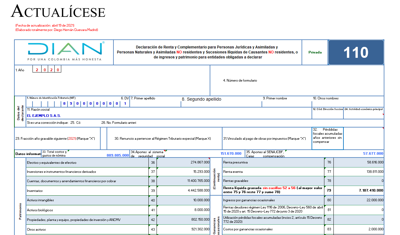 Liquidador del formulario 110 y formato 2516: declaración de renta de personas jurídicas AG 2020