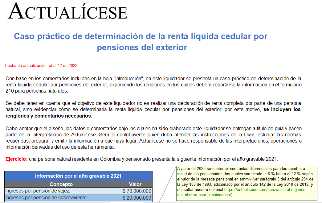 Caso práctico de determinación de la renta líquida cedular por pensiones del exterior