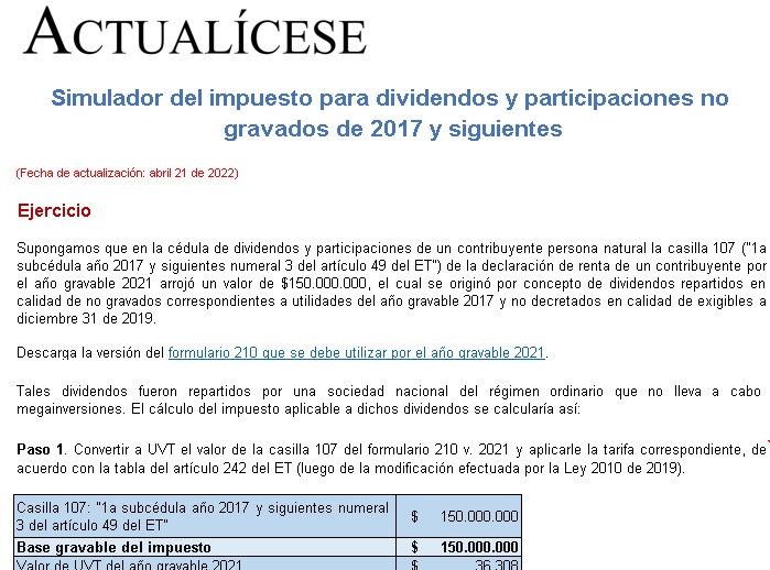 Simulador del impuesto para dividendos y participaciones no gravados de 2017 y siguientes