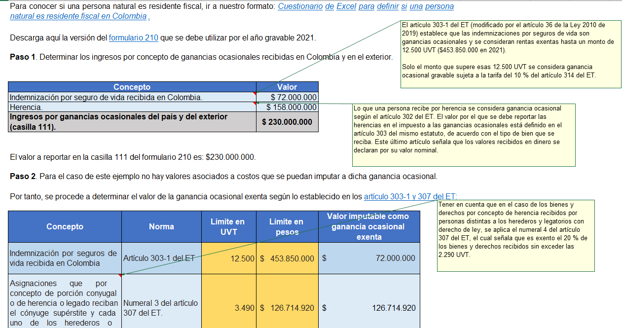 Caso práctico de determinación de la ganancia ocasional gravable de una persona natural residente