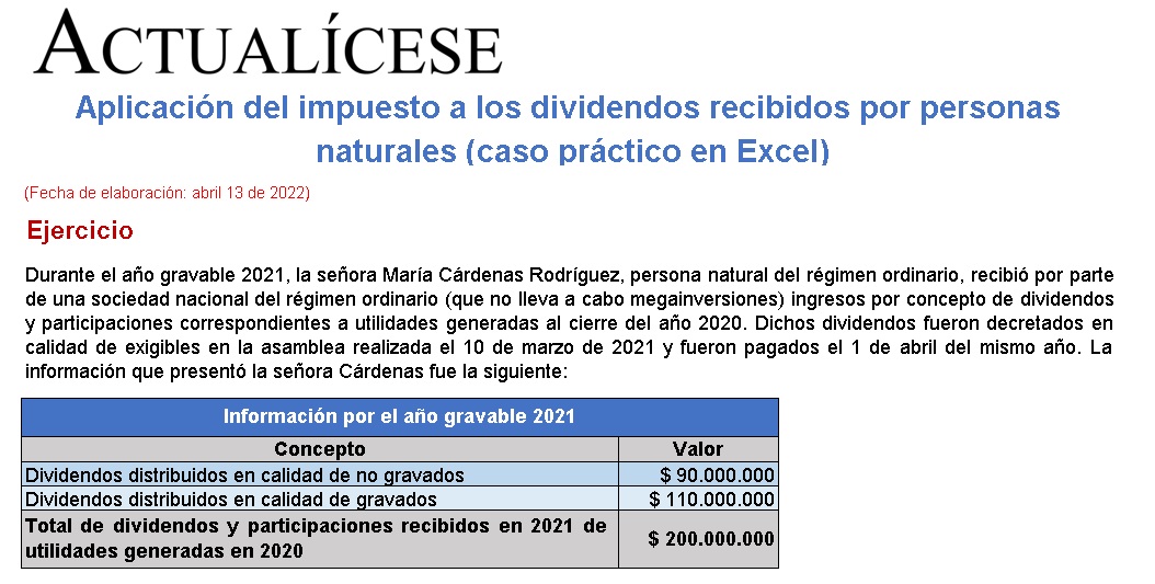 Aplicación del impuesto a los dividendos recibidos por personas naturales (caso práctico en Excel)