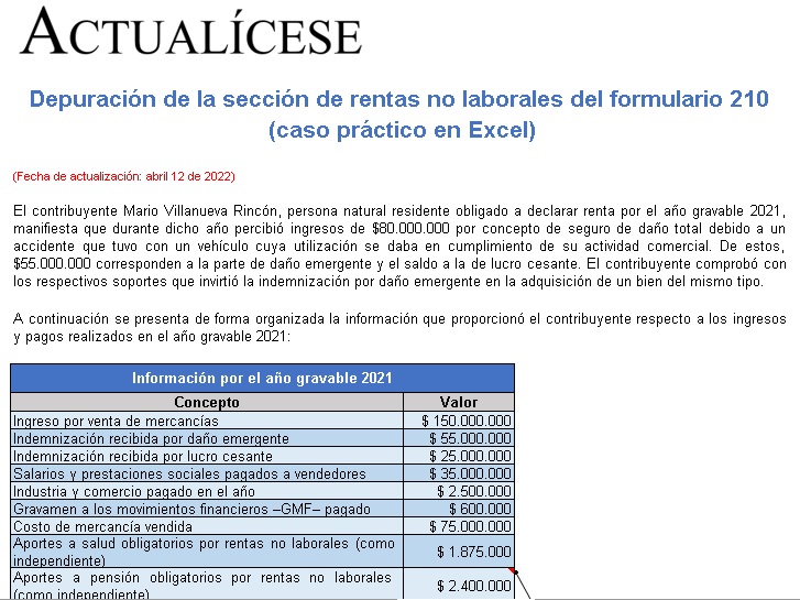 Depuración de la sección de rentas no laborales del formulario 210 (caso práctico en Excel)