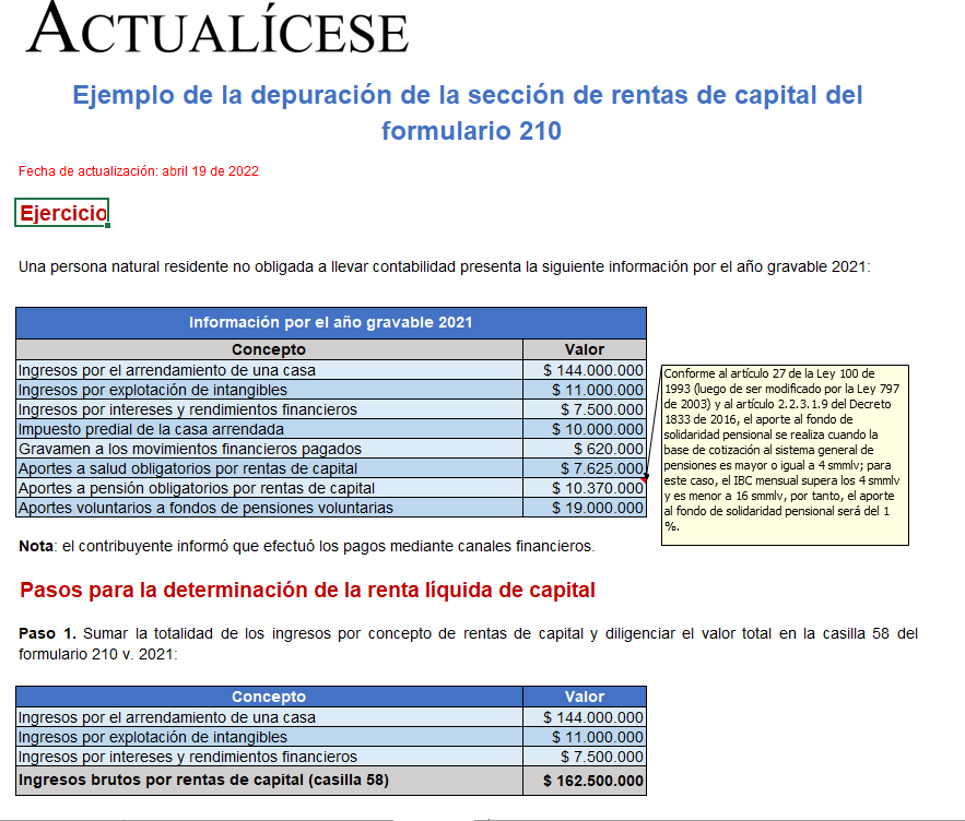 Ejemplo de la depuración de la sección de rentas de capital del formulario 210