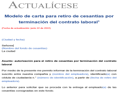Carta para retiro de cesantías por terminación del contrato laboral |  Actualícese