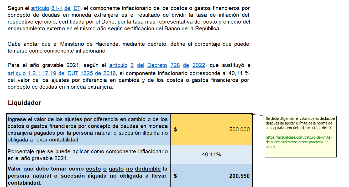 Liquidador del componente inflacionario de los rendimientos o costos financieros