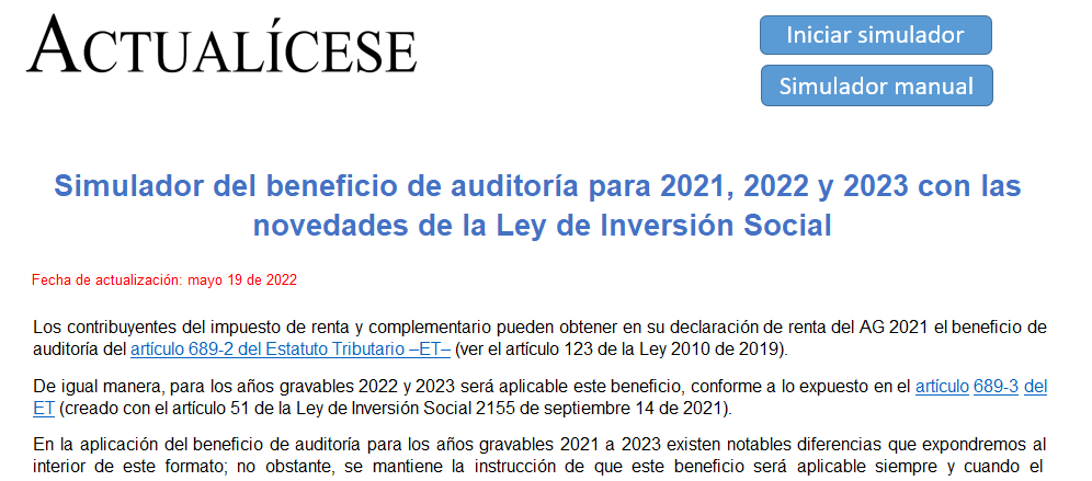 Simulador del beneficio de auditoría para 2021, 2022 y 2023