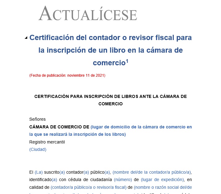 Certificación del contador o revisor fiscal para la inscripción de libros en la cámara de comercio