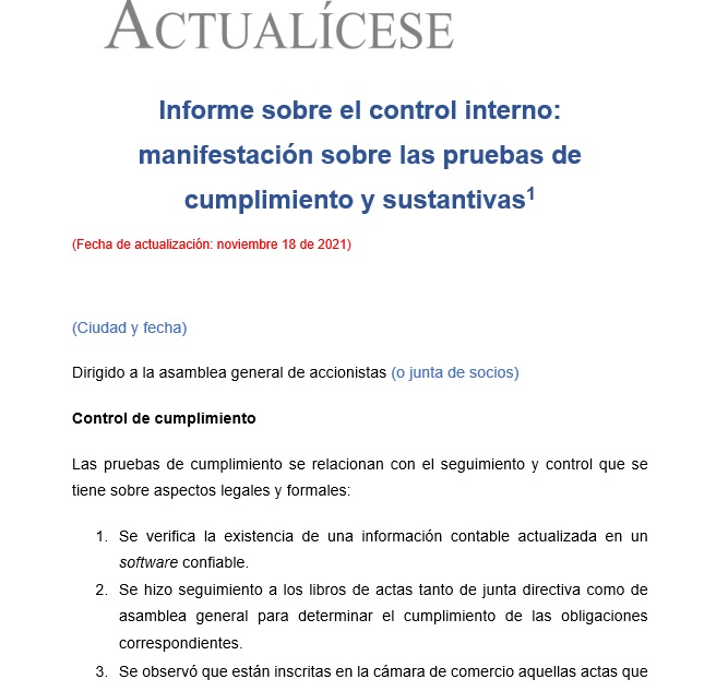 Informe sobre el control interno: manifestación sobre las pruebas de cumplimiento y sustantivas