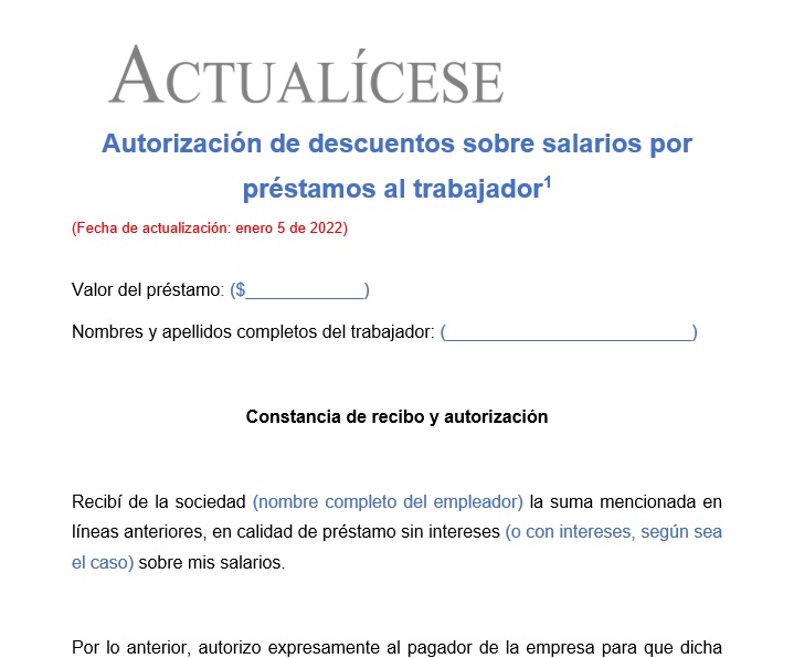 Formato de autorización de descuentos sobre salarios por préstamos al trabajador