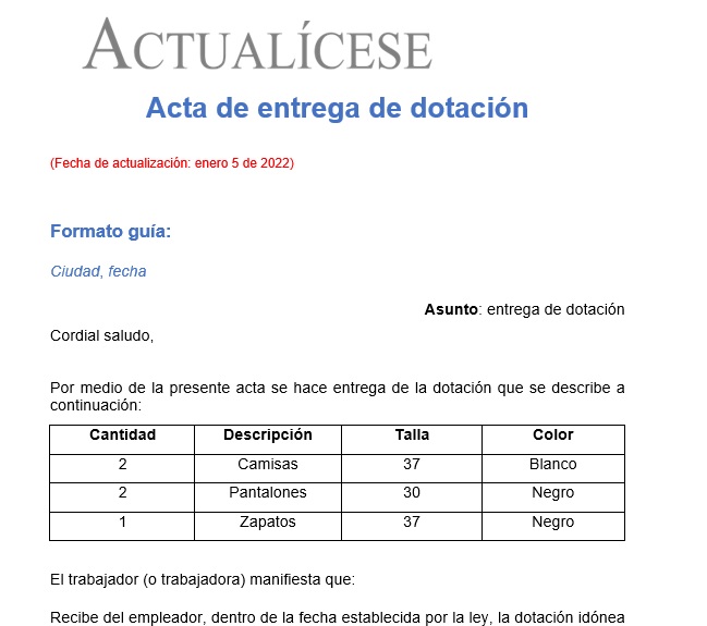 Acta de entrega de dotación