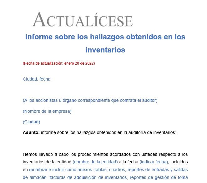 Informe sobre los hallazgos obtenidos en la auditoría de inventarios