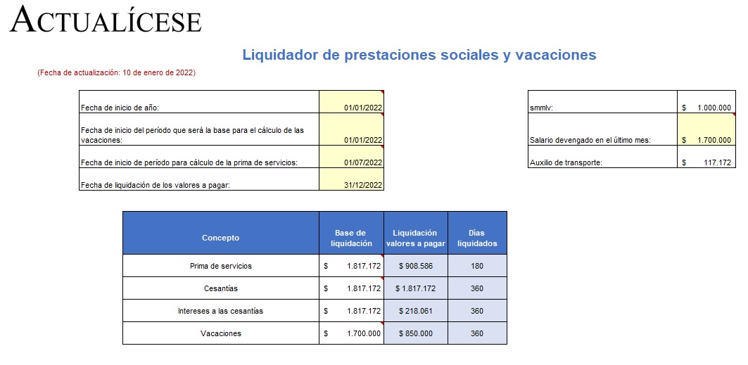 Liquidador de prestaciones sociales y vacaciones