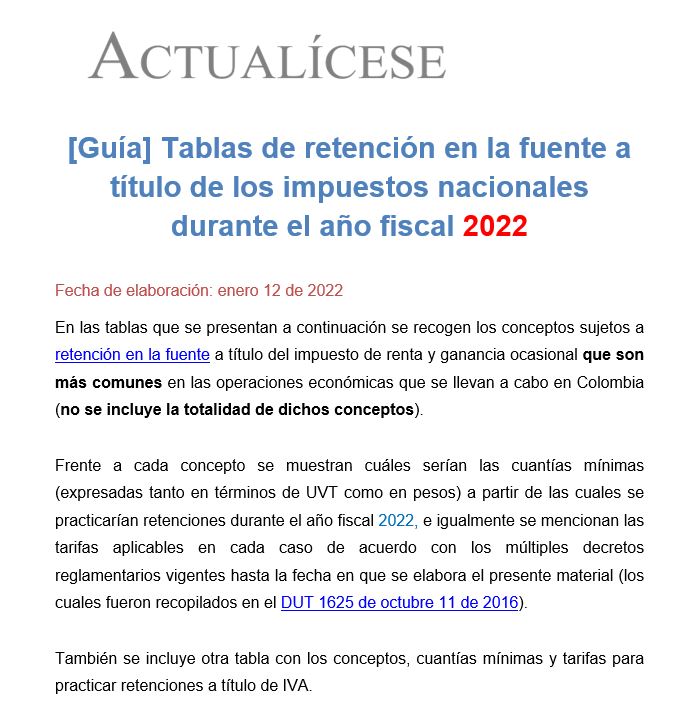 Tablas de retención en la fuente 2022 a título de impuestos nacionales