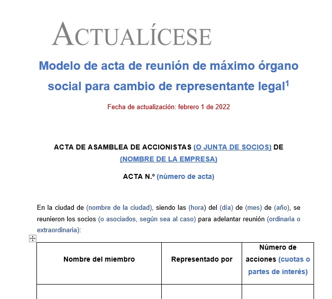 Modelo de acta de reunión de máximo órgano social para cambio de representante legal