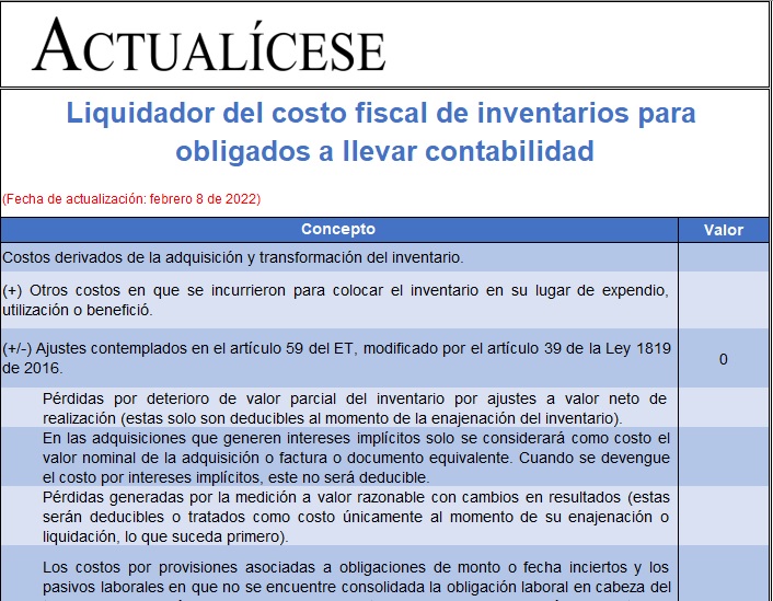 Liquidador del costo fiscal de los inventarios para obligados a llevar contabilidad