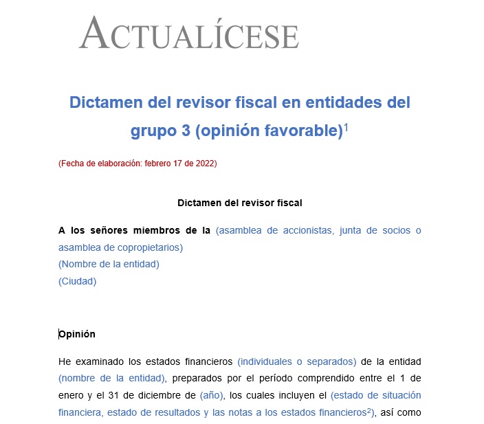 Dictamen del revisor fiscal en entidades del grupo 3 (opinión favorable)