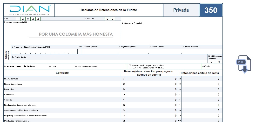 Plantilla en Excel del formulario 350 AG 2022 – declaración de retención en la fuente