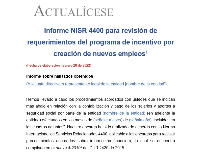 Informe NISR 4400 para revisión de requerimientos del programa de incentivo por creación de nuevos empleos